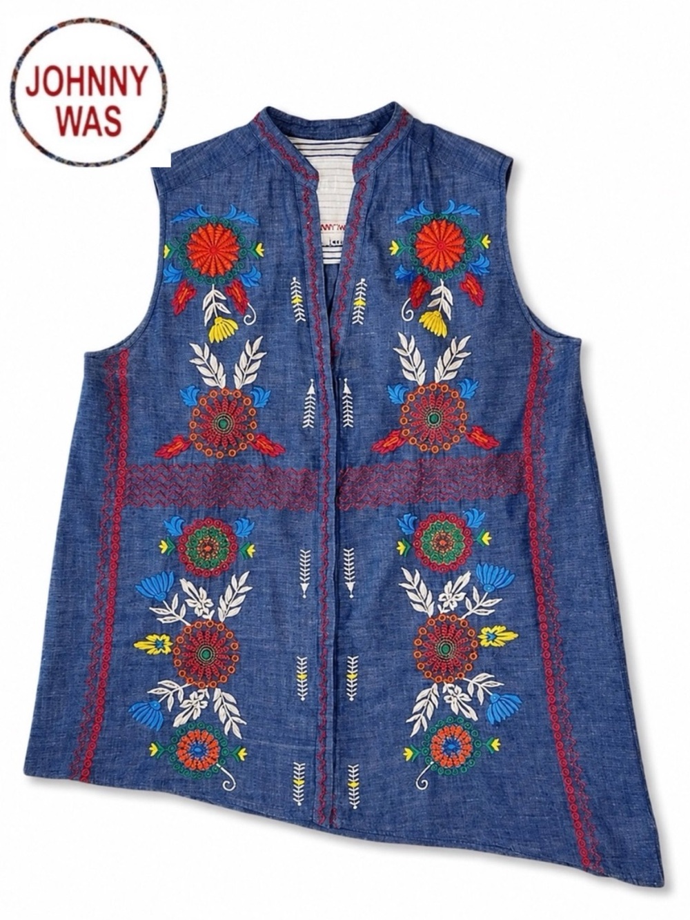Johnny Was 3J Workshop Denim Chambray V Neck Tank Floral Embroidery XS